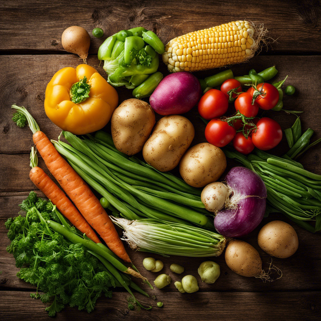 An image showcasing a colorful spread of vibrant vegetables, such as potatoes, corn, carrots, and peas, piled up on a rustic wooden table