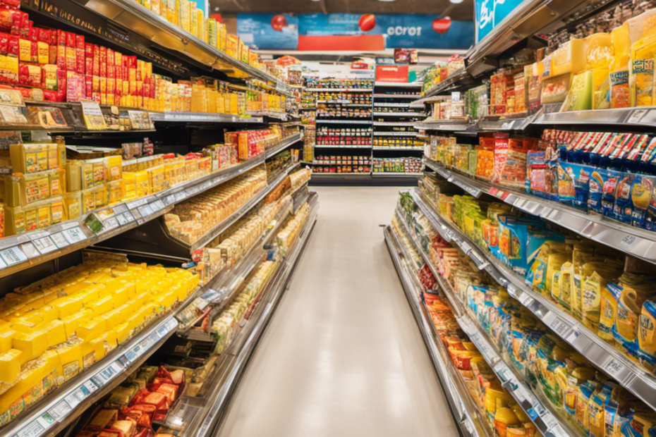 An image showcasing a vibrant grocery store aisle filled with neatly arranged shelves, stocked with various brands of butter