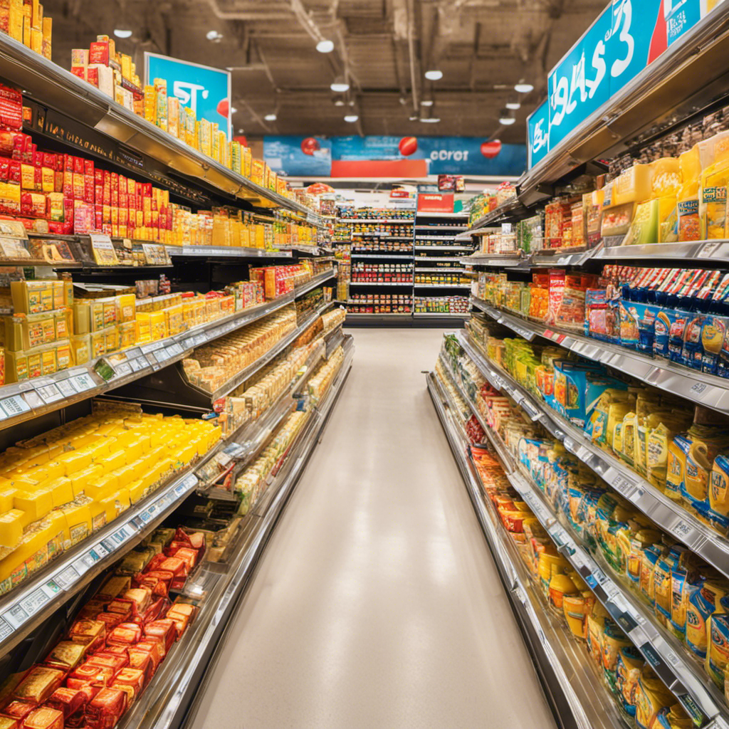An image showcasing a vibrant grocery store aisle filled with neatly arranged shelves, stocked with various brands of butter