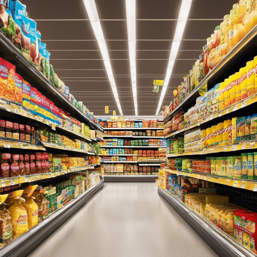 An image showcasing a supermarket aisle filled with neatly arranged shelves, displaying an array of vibrant butter brands, each labeled with eye-catching sale stickers