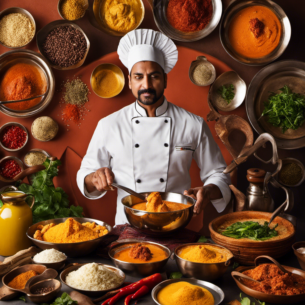 An image showcasing a busy Indian kitchen, with vivid colors and aromatic spices filling the air