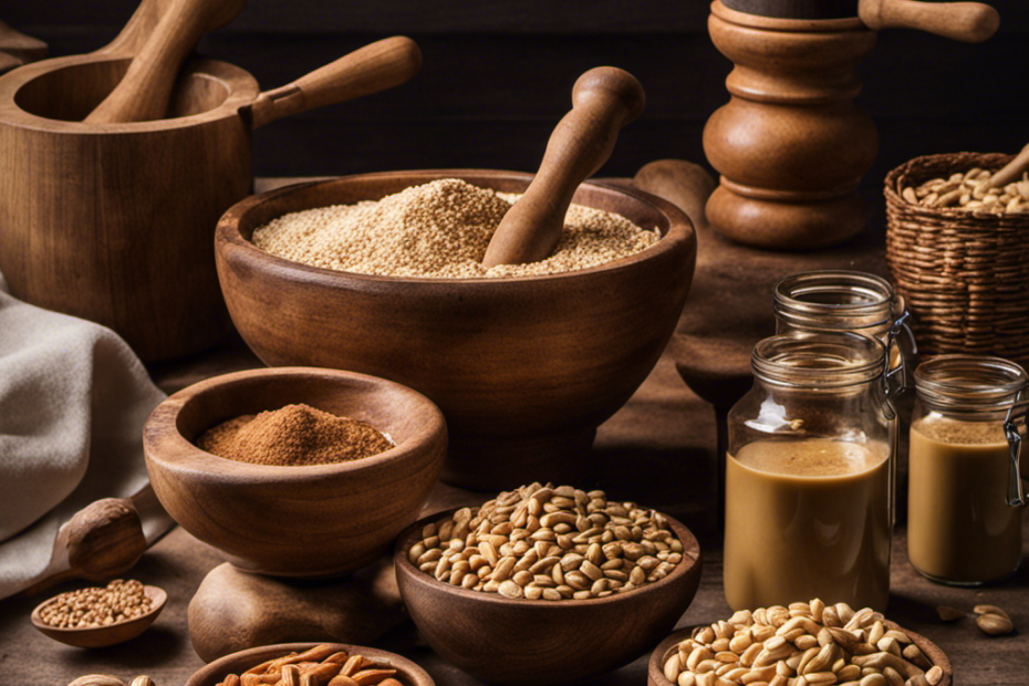 An image showcasing a rustic kitchen scene with a wooden mortar and pestle, crushed peanuts, and a jar of creamy peanut butter being prepared, evoking the origins of this beloved spread