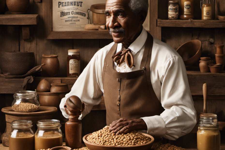 An image showcasing a rustic kitchen scene with George Washington Carver's portrait on a wall, a jar of peanuts, a mortar and pestle, and a wooden spoon, evoking the essence of the inventor of peanut butter
