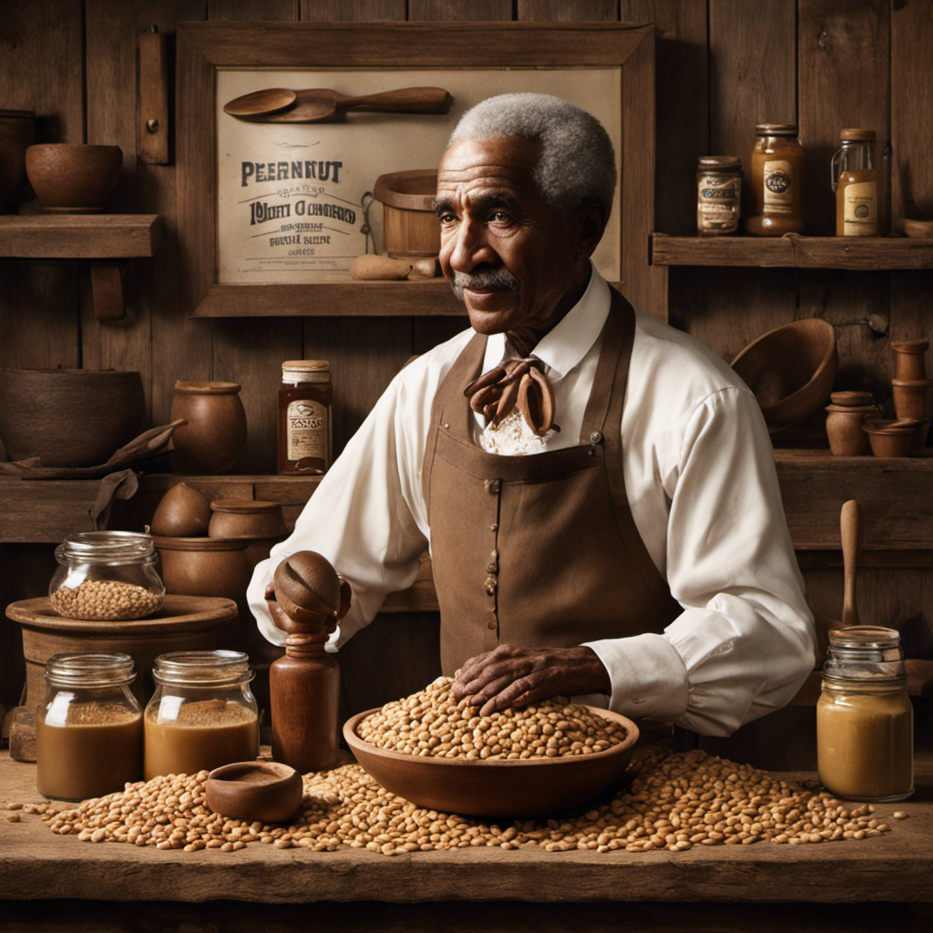 An image showcasing a rustic kitchen scene with George Washington Carver's portrait on a wall, a jar of peanuts, a mortar and pestle, and a wooden spoon, evoking the essence of the inventor of peanut butter