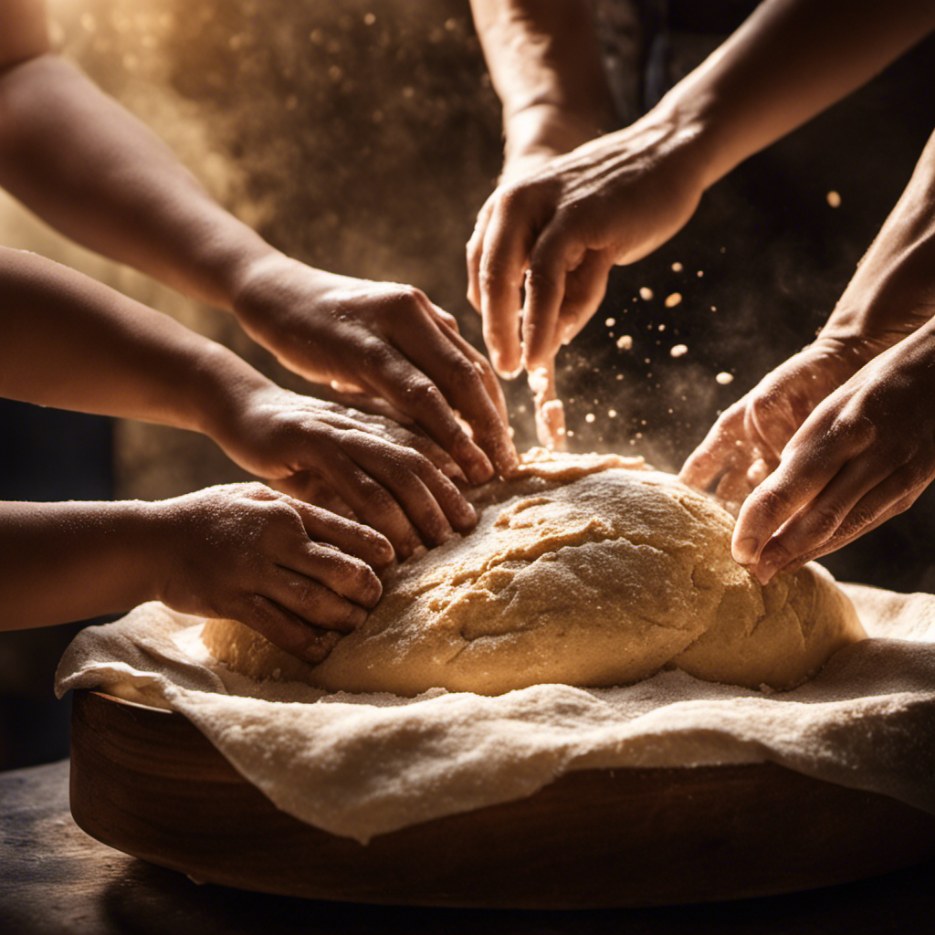 An image showcasing a close-up of a family's hands kneading dough together, with flour dusting the air and warm sunlight casting gentle shadows, capturing the essence of bread and butter making as a powerful source of family unity