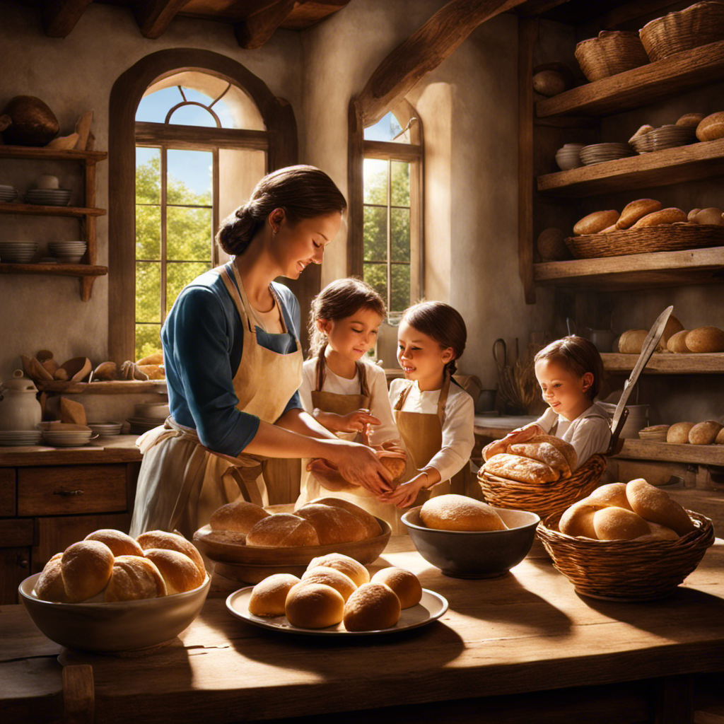 An image showcasing a warm, rustic kitchen filled with sunlight, where a loving mother kneads dough with skillful hands, while her children eagerly watch, immersed in the joyous process of bread and butter making