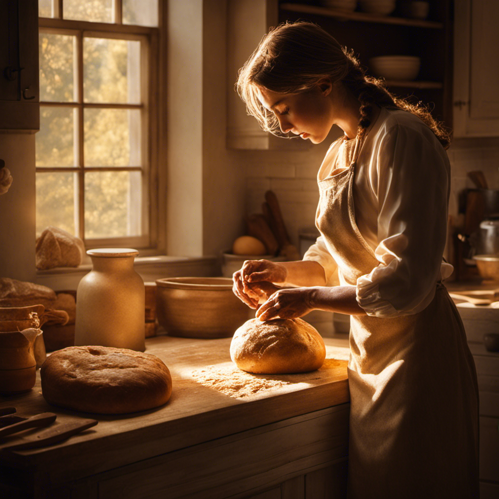 An image showcasing a pair of hands kneading dough, bathed in warm, golden sunlight streaming through a kitchen window