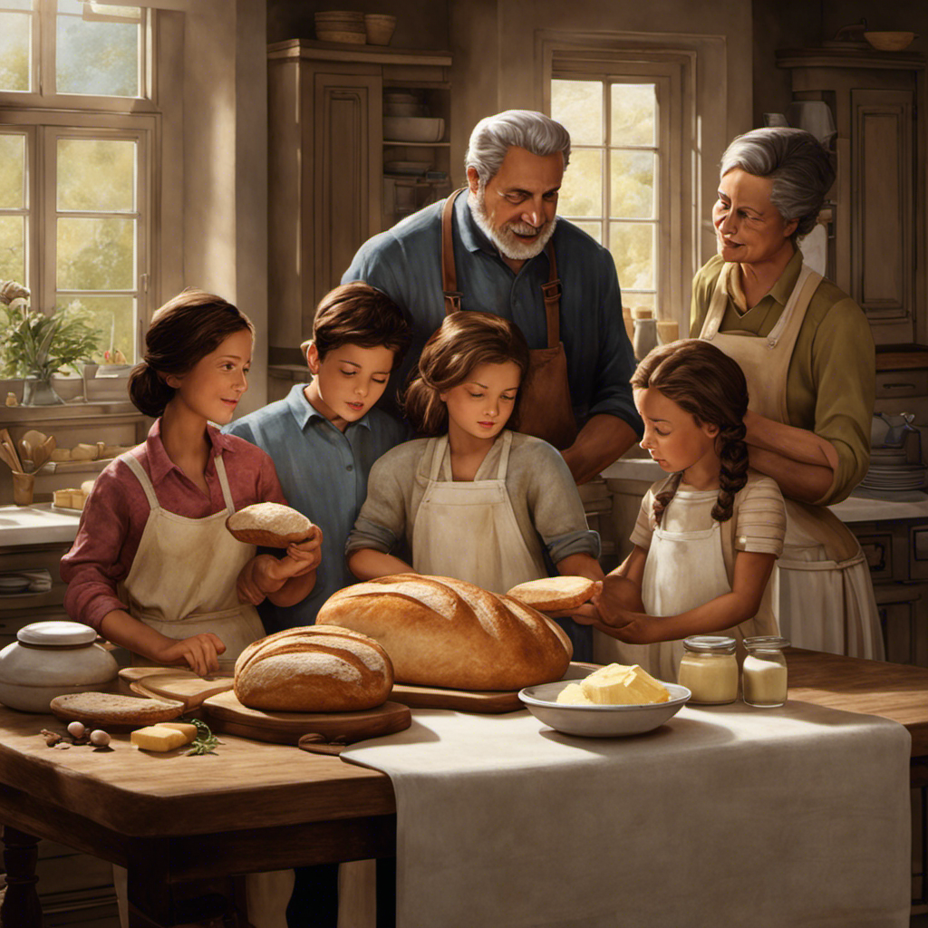  Create an image that depicts a family gathered around a kitchen counter, with a lovingly kneaded loaf of bread and a jar of homemade butter, symbolizing the bread and butter maker as the provider of nourishment and unity within the family