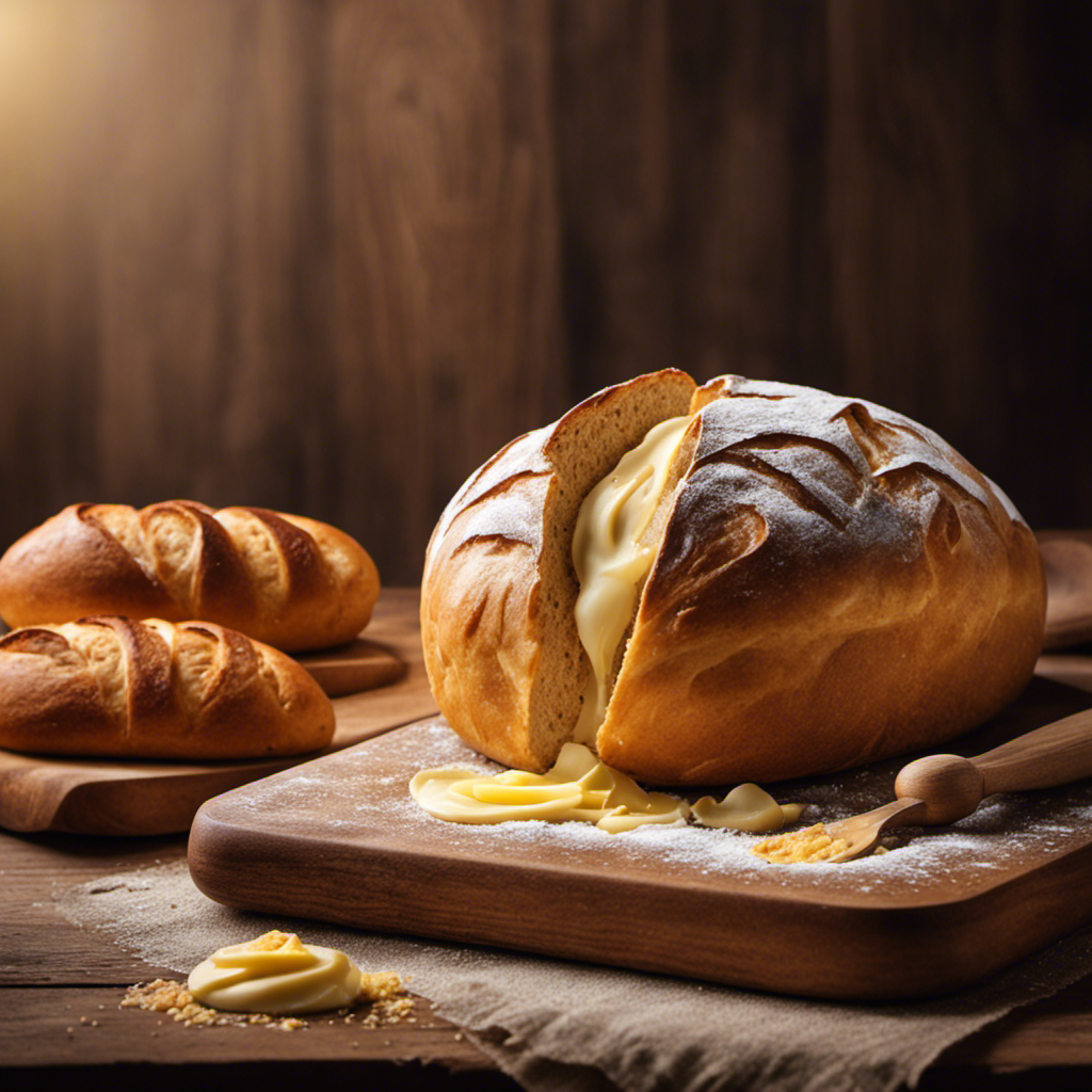 An image depicting a nurturing hand kneading fresh dough on a wooden surface, surrounded by vibrant, freshly baked bread loaves and golden butter