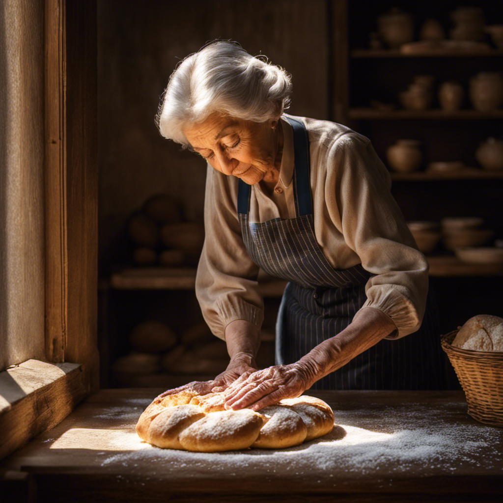 An image capturing an elderly woman with calloused hands, skillfully kneading dough on a flour-dusted wooden surface