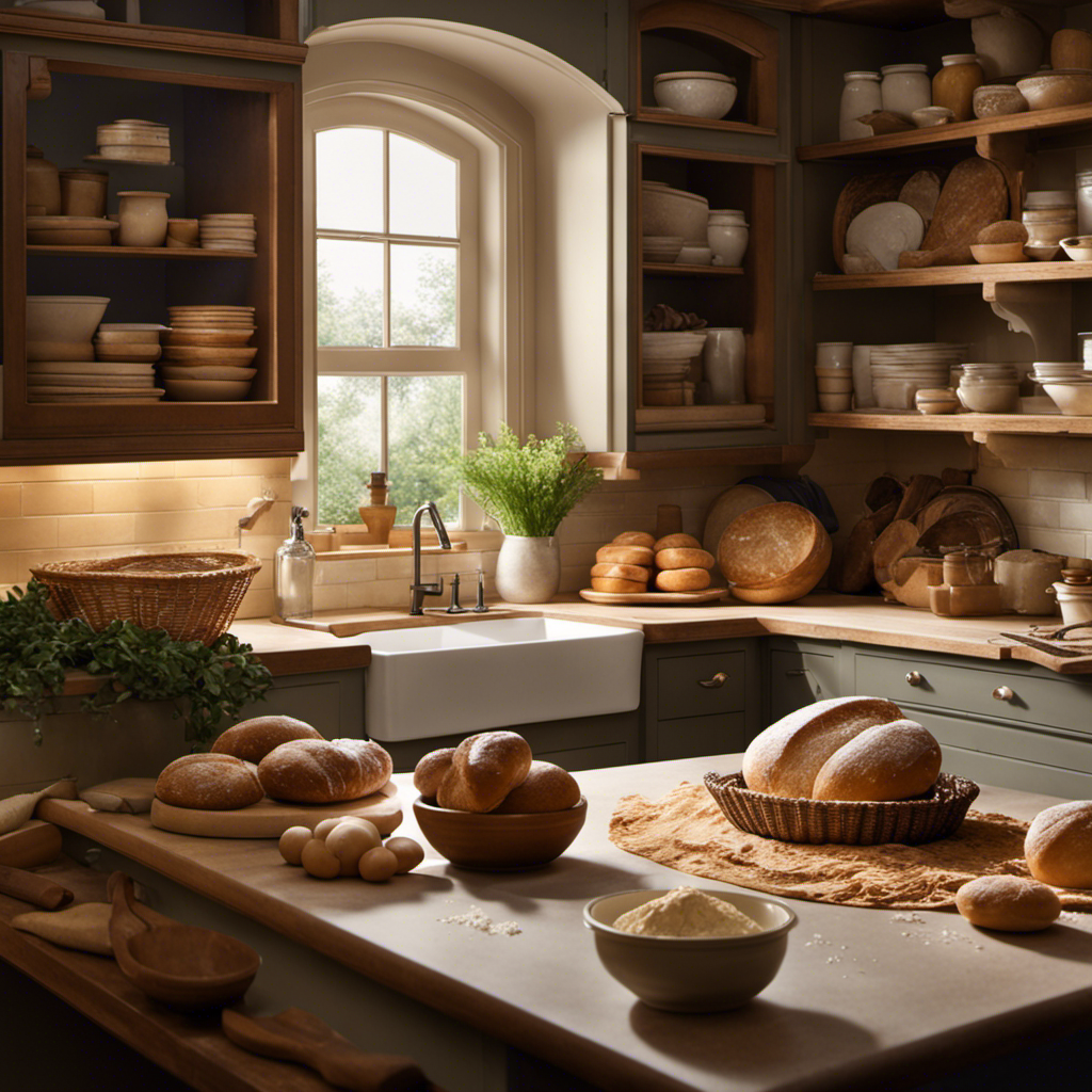 An image showcasing a warm, cozy kitchen scene with a person kneading dough, surrounded by flour-dusted countertops, a basket overflowing with freshly baked bread, and a jar of homemade butter