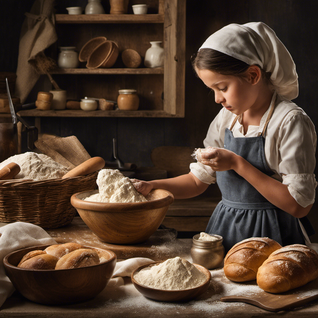 An image depicting a tired individual with flour-dusted hands and a worn-out apron, multitasking between cooking, cleaning, and caring for children, showcasing the challenges faced by the unsung hero known as the family's bread and butter maker