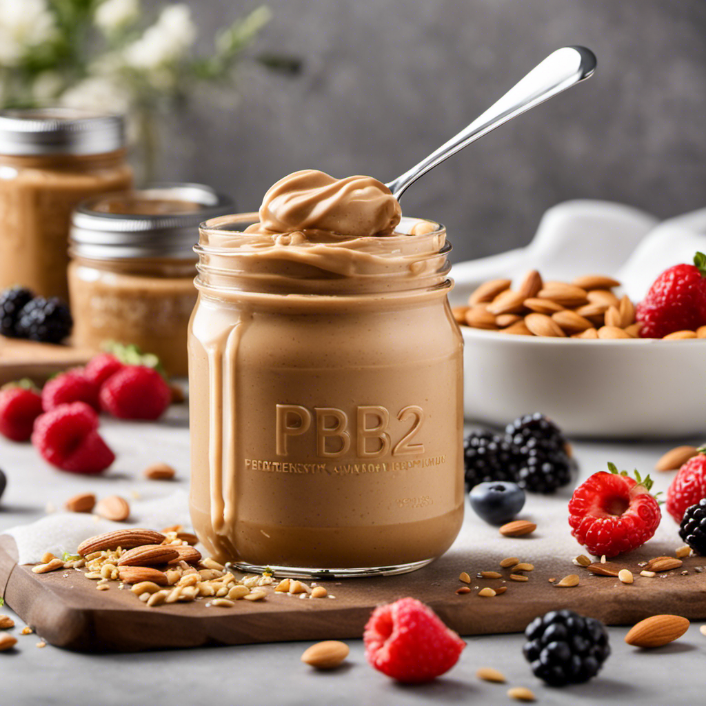 An image featuring a close-up view of a spoonful of creamy PB2 peanut butter, surrounded by an assortment of nutrient-rich ingredients like almonds, chia seeds, and fresh berries, highlighting the exceptional nutritional value of PB2