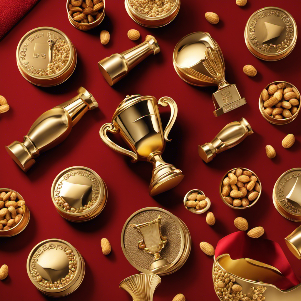 An image showcasing a golden trophy with the PB2 logo on it, surrounded by a red carpet and a crowd of cheering peanuts, symbolizing the numerous prestigious awards and recognition PB2 peanut butter has received