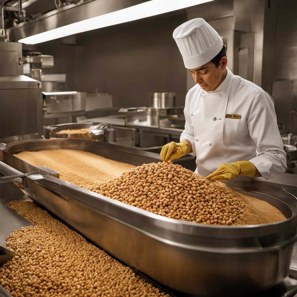 An image showcasing the intricate process of making Pb2 Peanut Butter: a skilled worker roasting perfectly golden peanuts, grinding them into a smooth paste, and blending with natural ingredients in a state-of-the-art facility