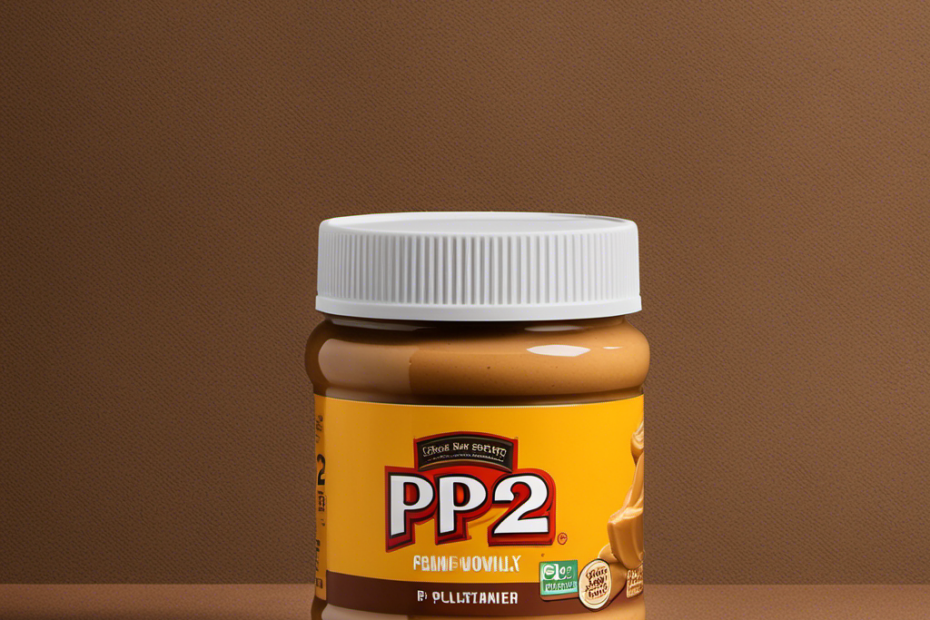 An image showcasing a close-up shot of a jar of rich, creamy Pb2 peanut butter with its iconic logo prominently displayed, capturing the essence of the maker behind this delectable spread