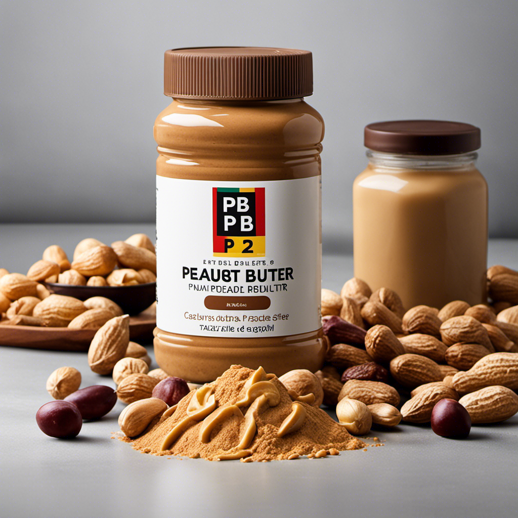 An image showcasing an assortment of vibrant, freshly roasted peanuts being ground into a smooth, velvety paste, capturing the essence of the Pb2 Peanut Butter brand and its popularity in the market