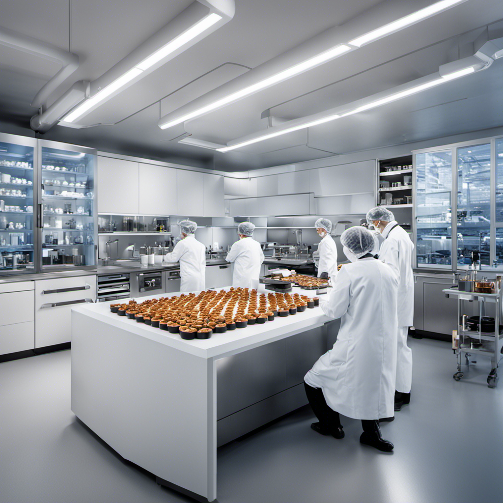 An image of a modern laboratory with scientists in white lab coats, diligently experimenting with various ingredients and equipment, symbolizing the innovative future of Pb2 Peanut Butter