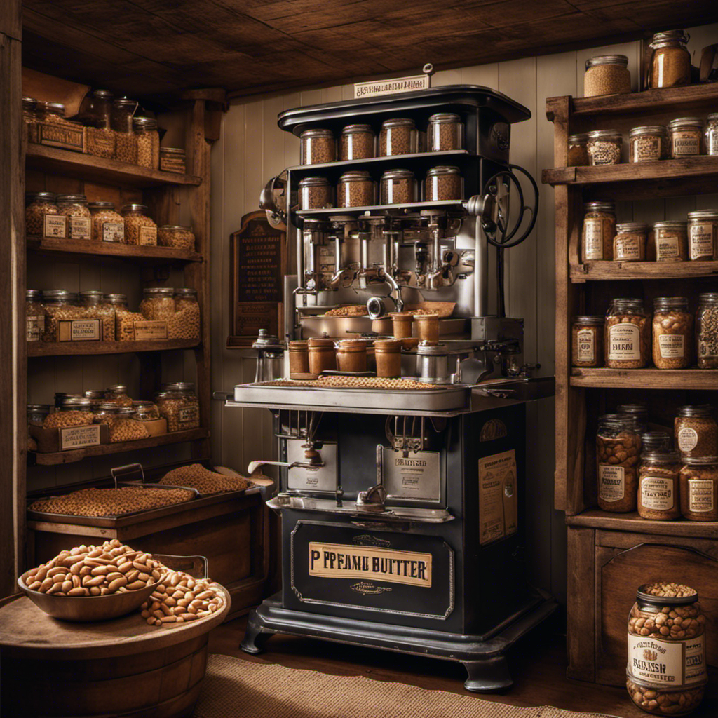 An image showcasing a rustic, old-fashioned farmhouse kitchen, with a vintage peanut roasting machine in the center