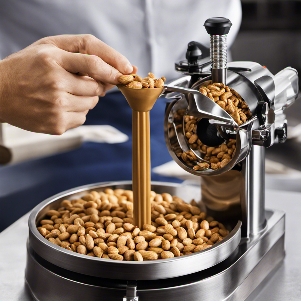 An image capturing the meticulous process of Pb2 Peanut Butter's quality control: a close-up of a gloved hand scooping freshly roasted peanuts, a state-of-the-art grinder producing smooth peanut butter, and a precise weighing scale measuring the final product