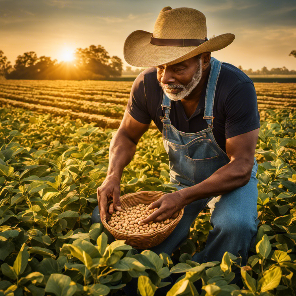 An image showcasing a vibrant peanut field basking in golden sunlight, with a farmer wearing worn denim overalls, gently plucking mature peanuts from the plants, revealing the humble origins of peanut butter