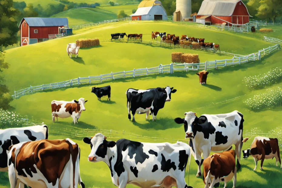 An image showcasing a bustling dairy farm with a picturesque backdrop of rolling green pastures, dotted with contented cows grazing peacefully