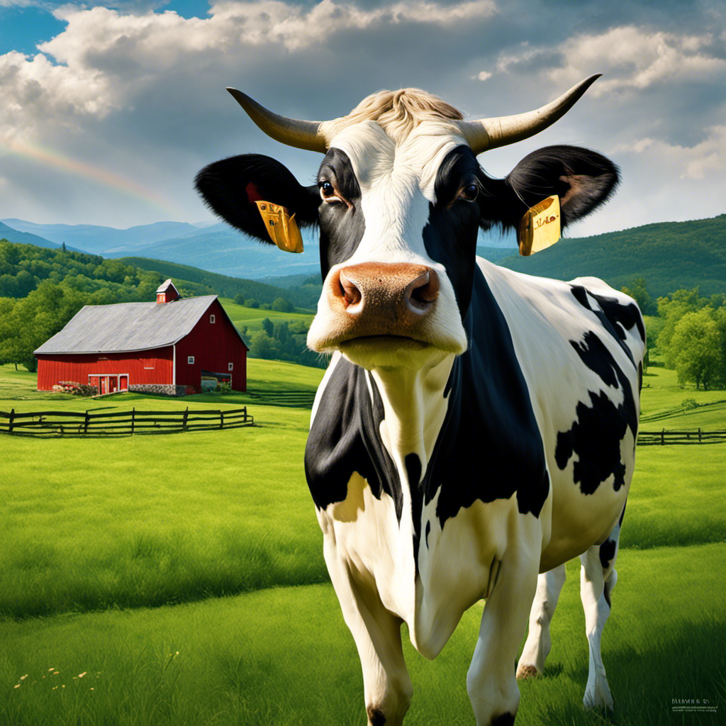 An image featuring a close-up shot of a cow grazing in a lush, green pasture, with a backdrop of rolling hills and a picturesque barn in the distance