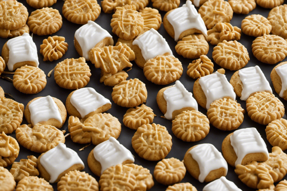 An image showcasing a bustling factory floor, filled with nimble workers donned in white uniforms, expertly maneuvering large mixers and meticulously shaping golden-brown Nutter Butter cookies with trademark fork-tine imprints