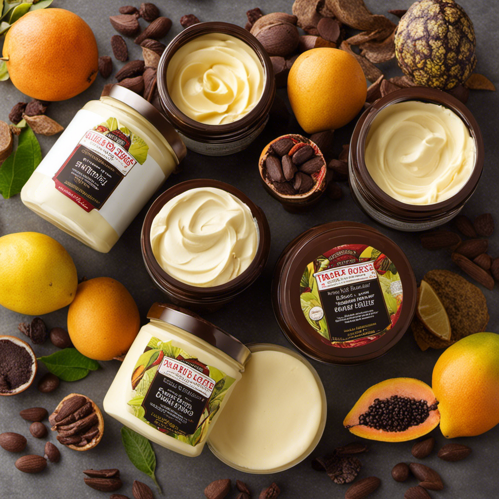 An image showcasing the intricate process of crafting Trader Joe's Body Butter: a skilled artisan, wearing a white lab coat, meticulously blending rich cocoa butter with nourishing oils in a gleaming workshop filled with natural ingredients and exotic fruits