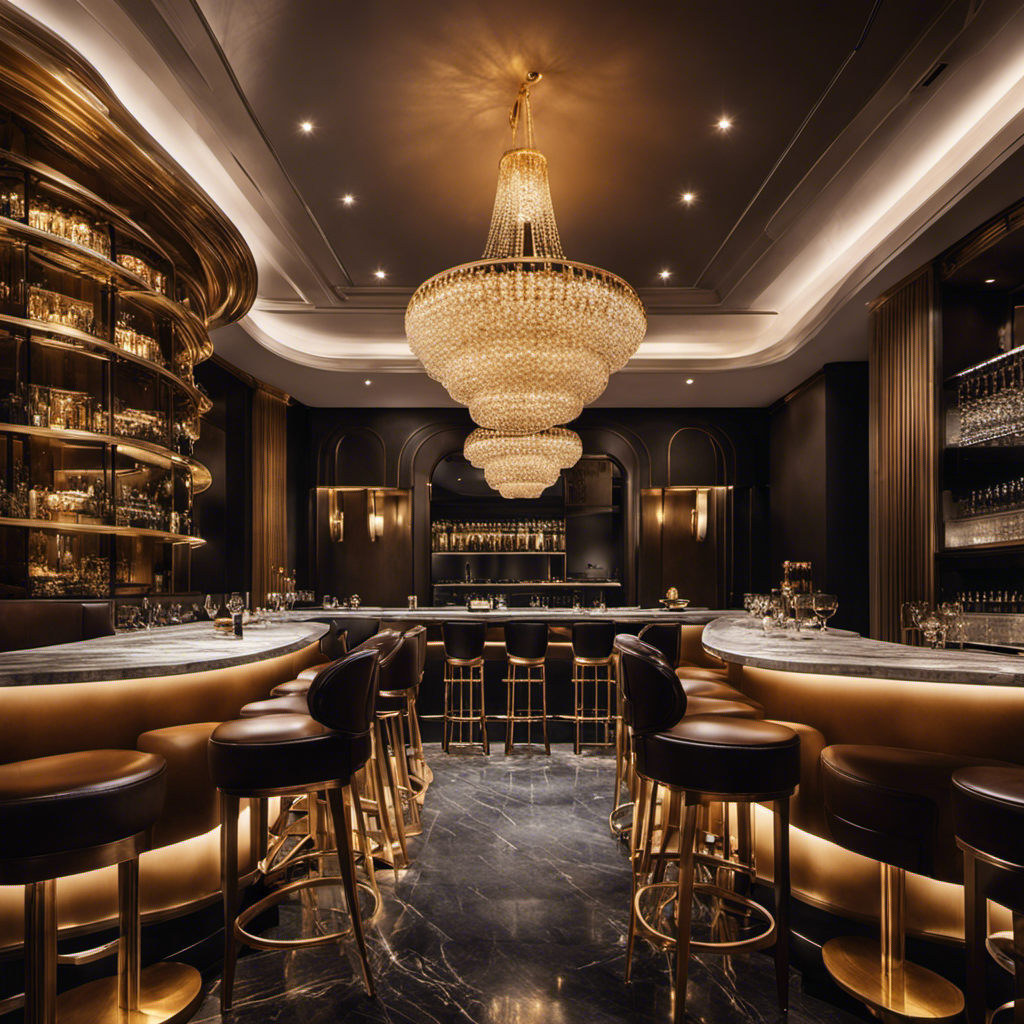 An image showcasing a luxurious, modern restaurant interior with dimmed, warm lighting