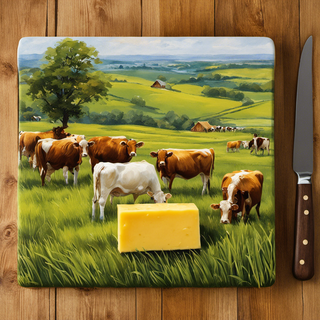 An image showcasing a golden-hued, artfully packaged block of Grassland Butter nestled atop a rustic wooden cutting board