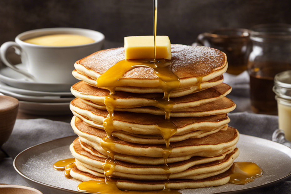 An image showcasing a golden, creamy stick of butter melting atop a stack of fluffy pancakes