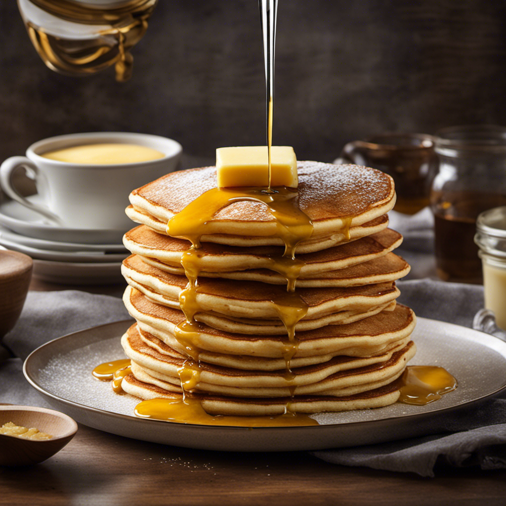 An image showcasing a golden, creamy stick of butter melting atop a stack of fluffy pancakes