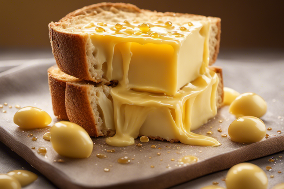 An image showing a close-up of a golden, creamy stick of butter melting onto a warm slice of artisanal bread, with droplets glistening as they slowly saturate the soft, fluffy texture