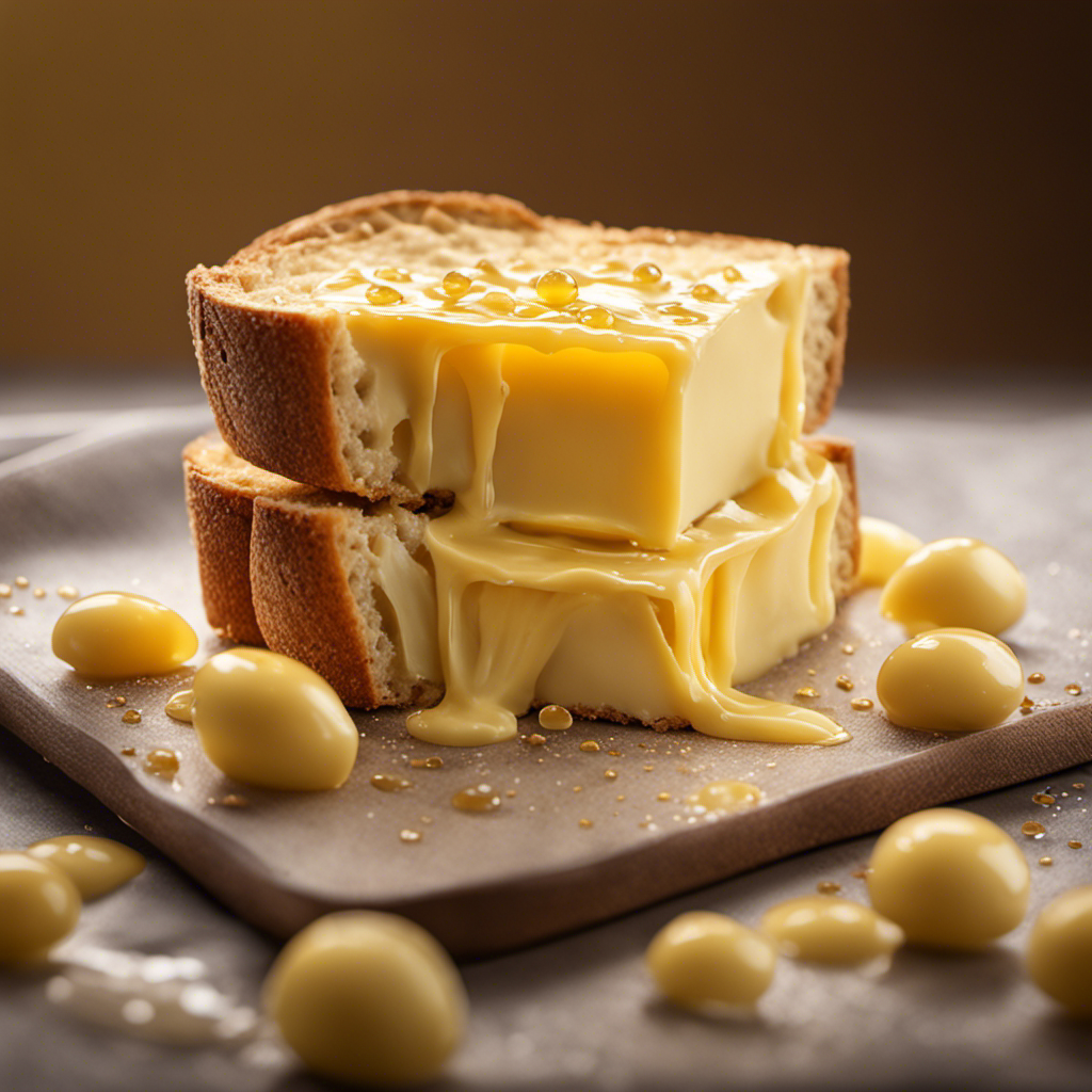 An image showing a close-up of a golden, creamy stick of butter melting onto a warm slice of artisanal bread, with droplets glistening as they slowly saturate the soft, fluffy texture