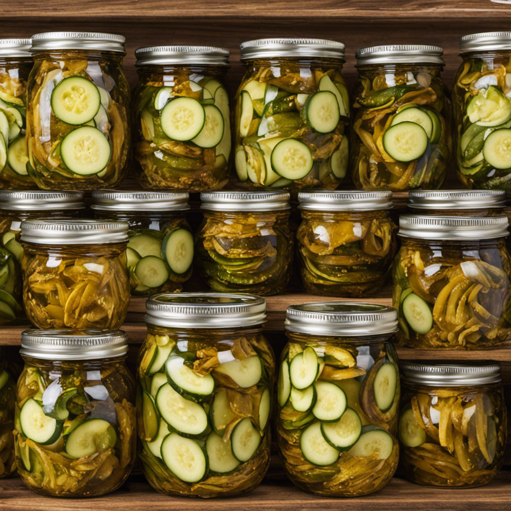 An image capturing the vibrant essence of a jar filled with crisp, golden-brown cucumber slices, immersed in a tangy, amber-colored brine