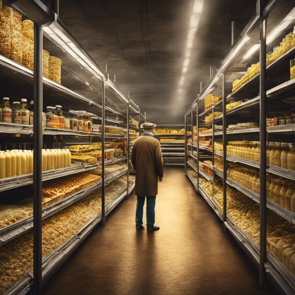 An image depicting a barren supermarket shelf, void of butter, with a forlorn customer staring at the empty space, while a distressed dairy farmer stands in a field full of cows