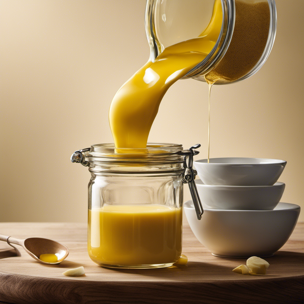 An image featuring a golden, translucent liquid pouring gently from a saucepan into a glass jar