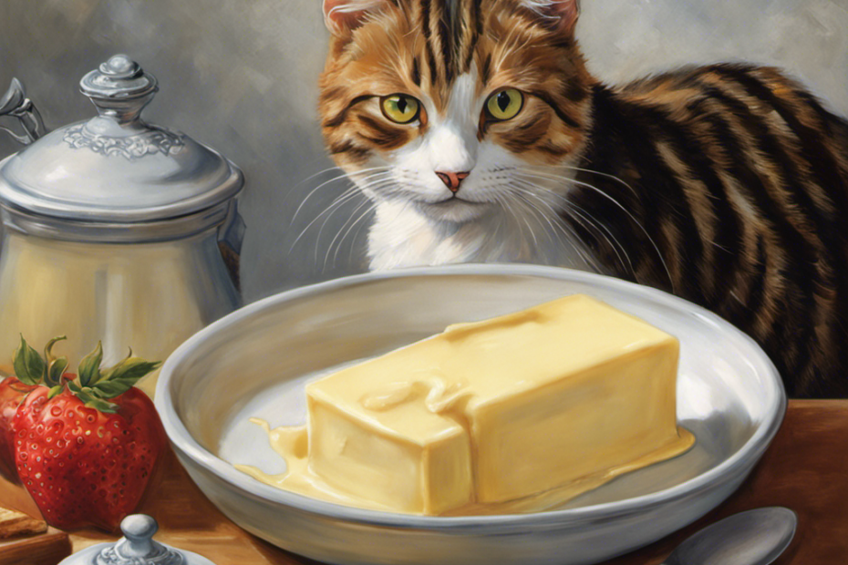 An image showcasing a mischievous cat perched on a kitchen counter, eagerly licking a dollop of butter from a butter dish