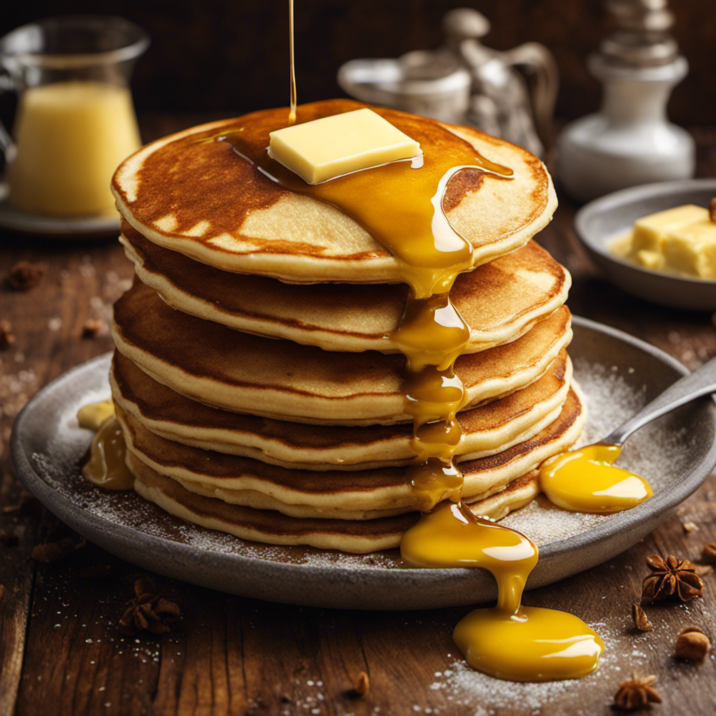 An image depicting a close-up view of a golden, melted pat of butter slowly dripping over a stack of warm, fluffy pancakes, capturing the irresistible allure of butter and its tantalizing effect on our taste buds