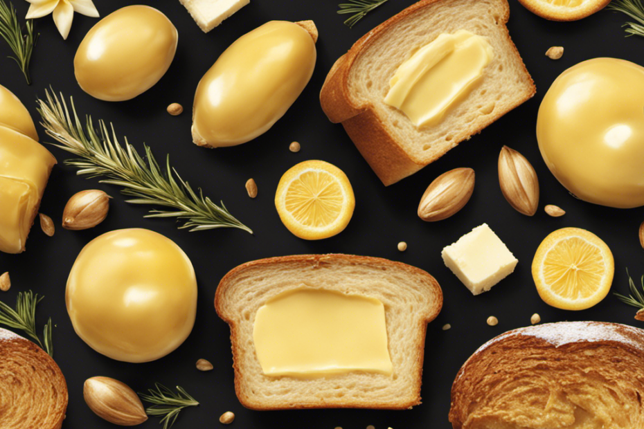 An image that captures the irresistible allure of butter: a golden slice of warm bread, delicately spread with creamy butter, melting into a luscious pool