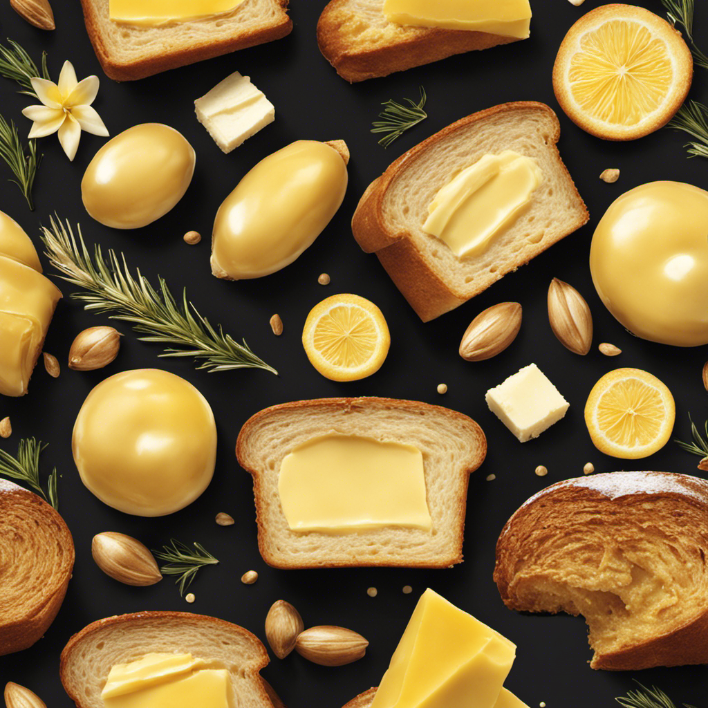 An image that captures the irresistible allure of butter: a golden slice of warm bread, delicately spread with creamy butter, melting into a luscious pool