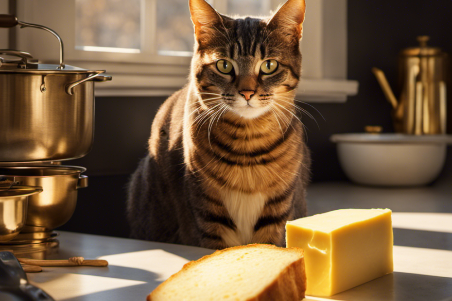 An image capturing a curious cat perched on the kitchen counter, mesmerized by a golden stick of butter