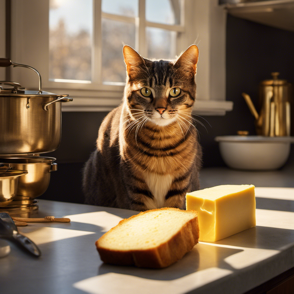 An image capturing a curious cat perched on the kitchen counter, mesmerized by a golden stick of butter