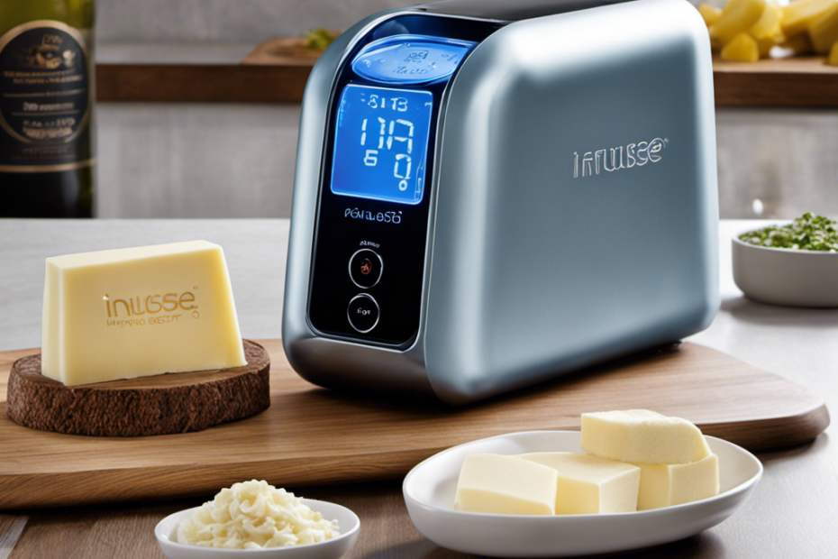 An image showcasing a sleek Magical Butter Maker with an LED display, radiating a soft blue light, while two distinct temperature settings, labeled "Infuse" and "Decarb," are selected, revealing its versatility