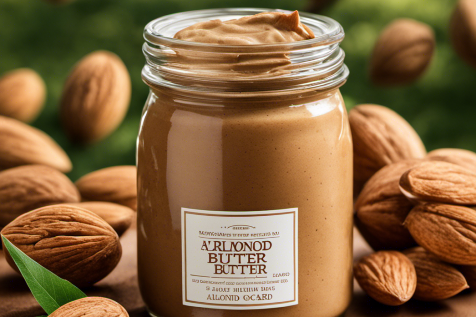 An image showing a transparent glass jar filled with rich, creamy almond butter, surrounded by a lush almond orchard