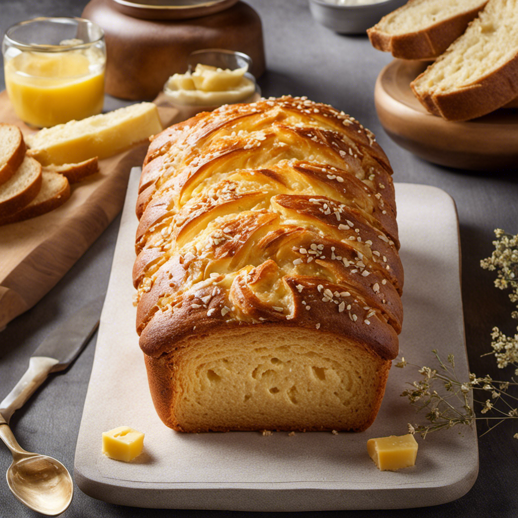An image representing the divine combination of bread and butter: a freshly baked loaf, its golden crust crackling, adorned with a generous slather of creamy, melted butter that oozes and glistens, enticing the taste buds with its irresistible allure