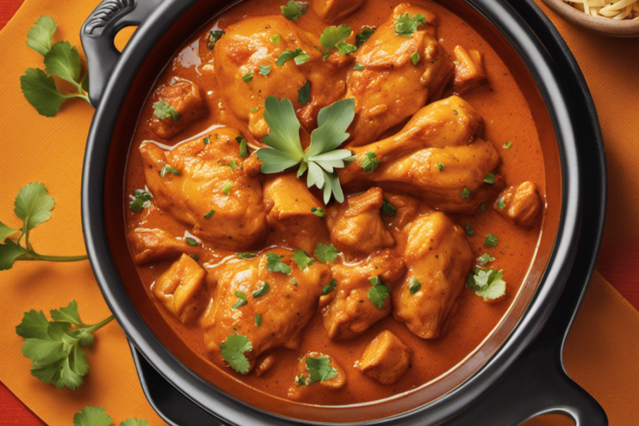 An image depicting a sizzling clay pot with succulent chunks of marinated chicken simmering in a rich, creamy, orange-hued sauce, surrounded by a medley of aromatic spices, to explore the origins of the name "Butter Chicken