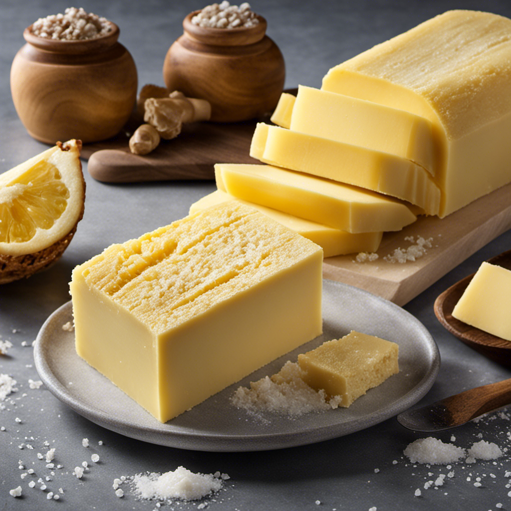 An image showcasing a freshly churned, creamy butter block with delicate salt crystals glistening on its surface