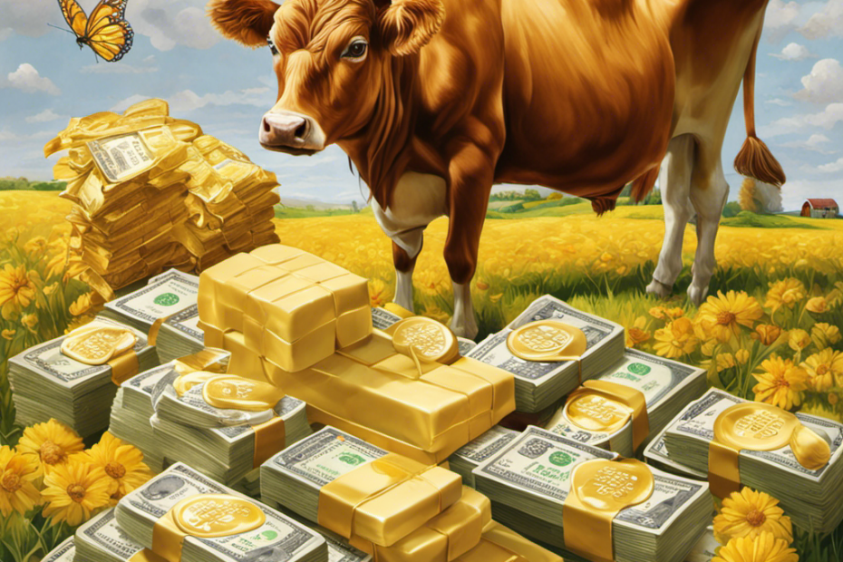 An image showcasing a golden stick of butter, priced higher than other grocery items, surrounded by a stack of money, a cow grazing on a lavish field, and a perplexed shopper with an empty wallet